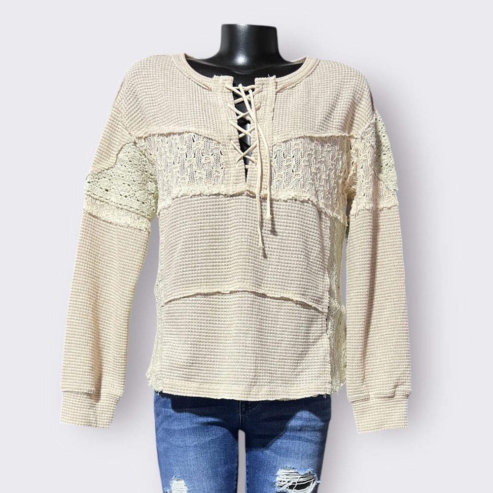 Oli & Hali NEW Womens Large Patchwork Boho Waffle Knit Top Crochet Long Sleeve
